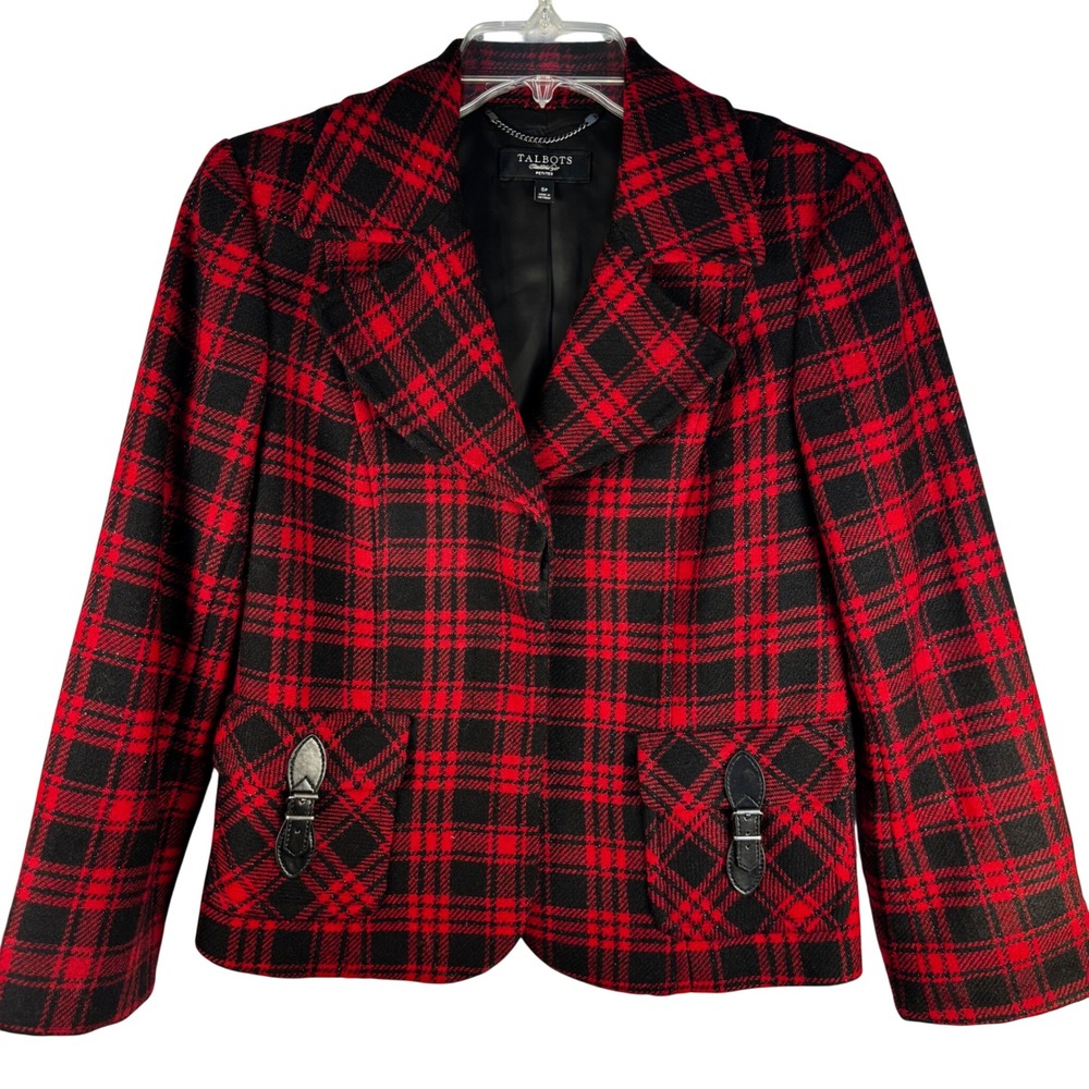 Talbots Petites Red Black Plaid Wool Blend Blazer Jacket Buckle Pockets‎ 6P